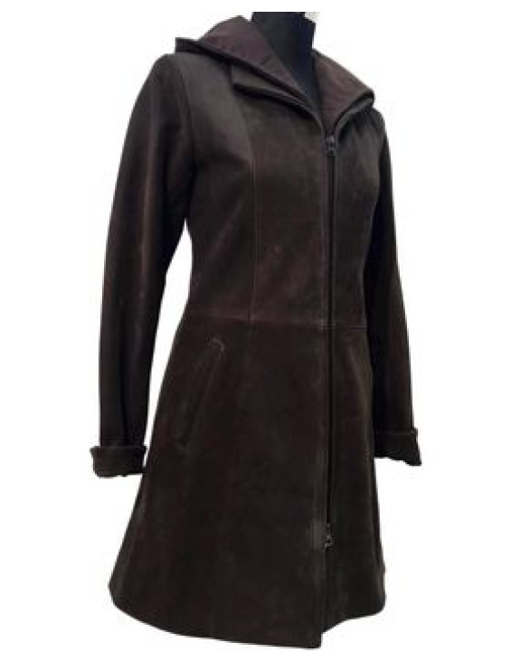 Buffalo leather long hooded jacket