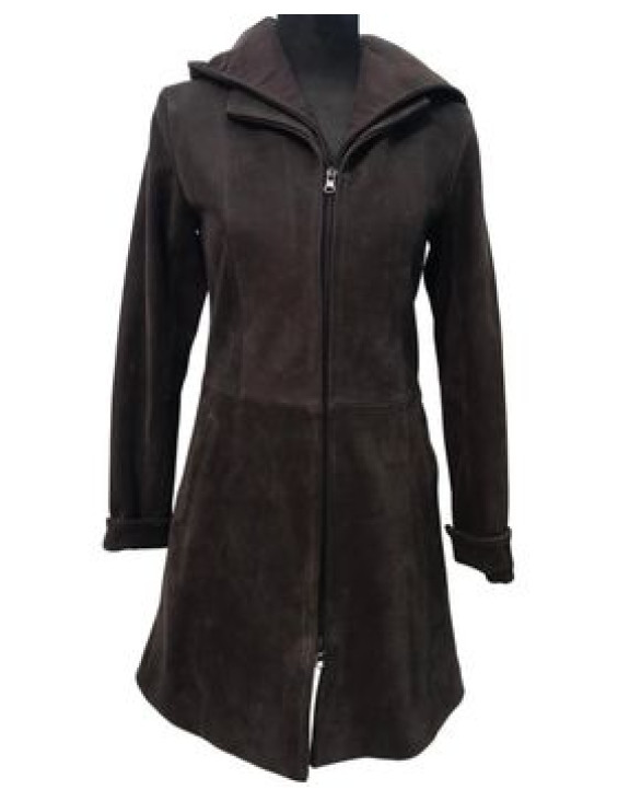 Buffalo leather long hooded jacket